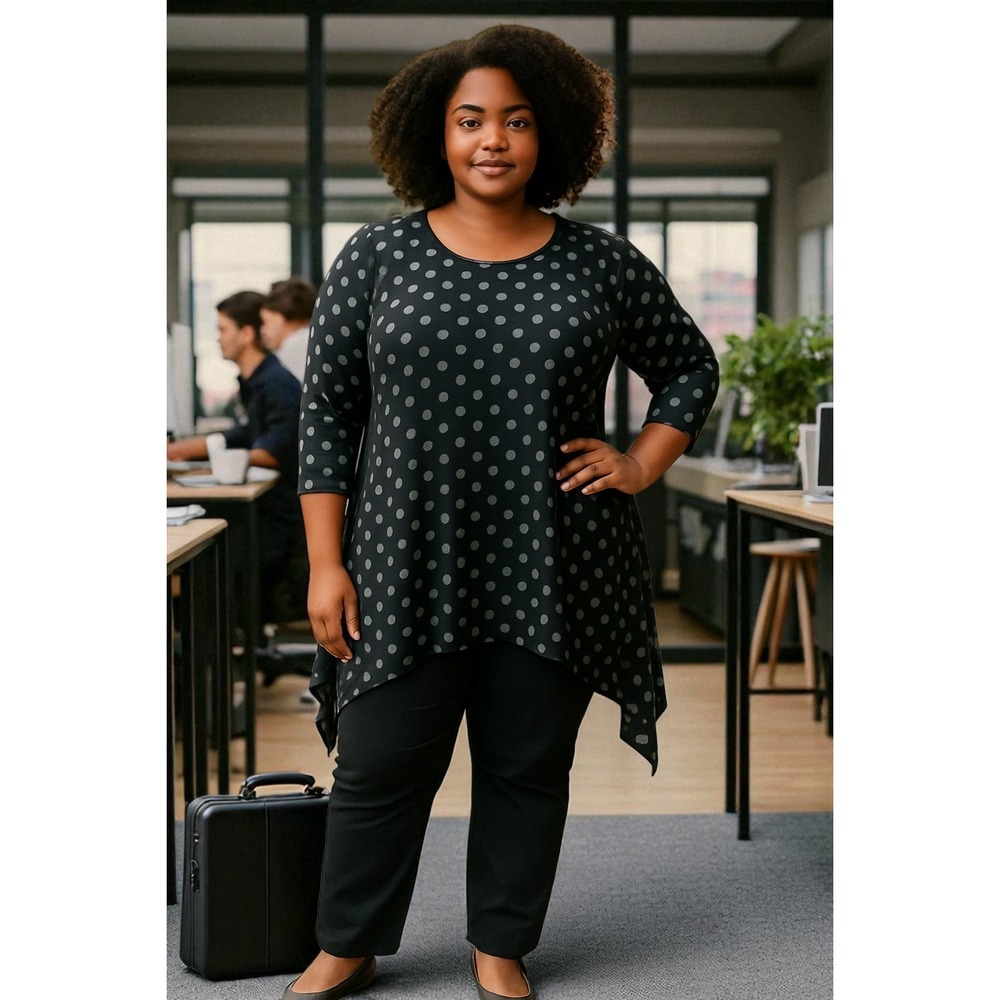 Chico's Womens Black Polka Dot Tunic Top Blouse Stretch Chicos 2 US‎ 20